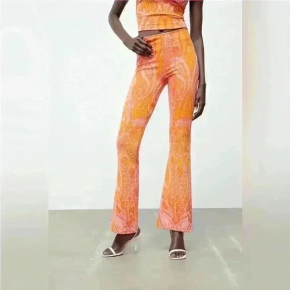 Zara Orange Pink Paisley Retro Hippie Flare Elastic Waist Pants Size S-NWT - Picture 1 of 10